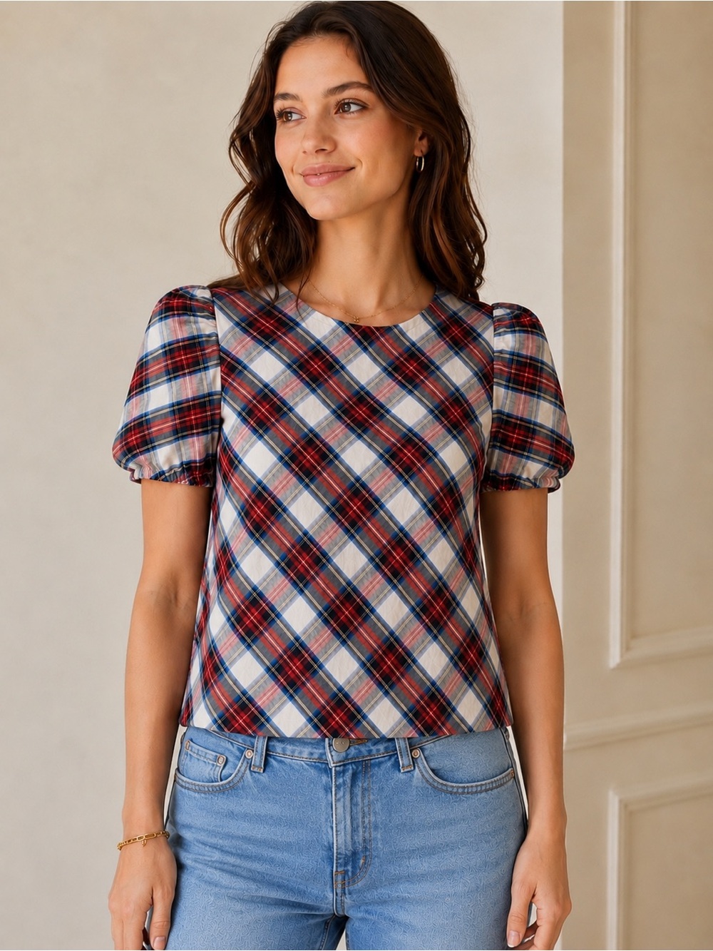 J.Crew Tartan Plaid Puff Sleeve Poplin Blouse XS